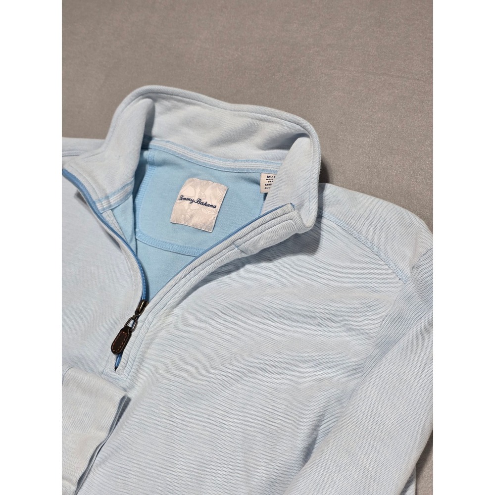 Tommy Bahama Mens Light Blue Quarter Zip Pullover Pique Knit Sweater Size M